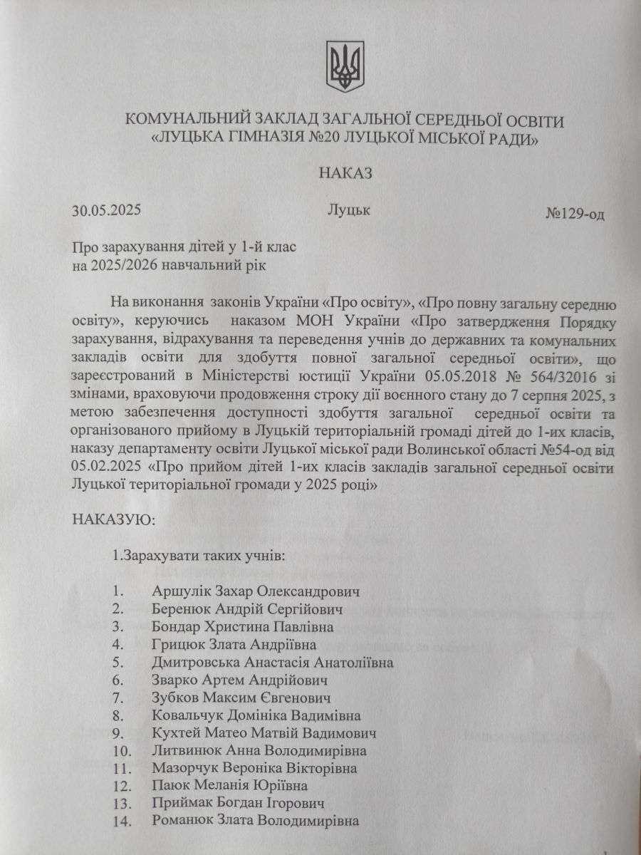 Наказ КЗЗСО "Луцька гімназія №20 Луцької міської ради" від 30.05.2025 № 129-од 
